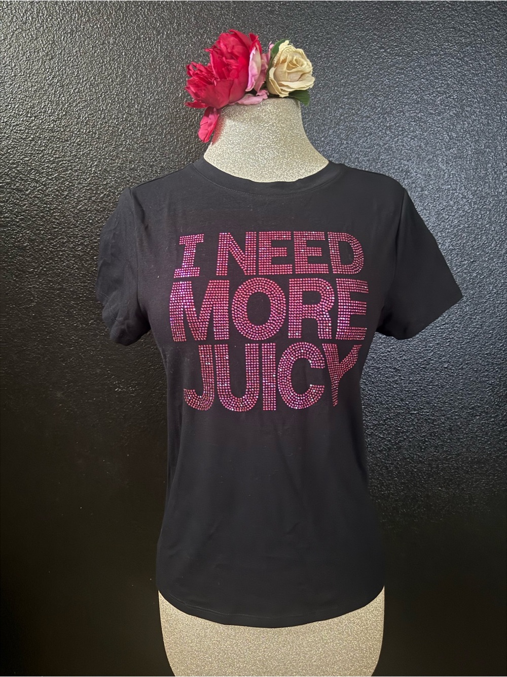 Juicy Couture Black Tee with Pink Rhinestone 'I NEED MORE JUICY' Graphic